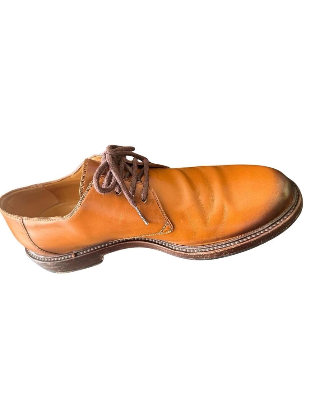 Designer Gucci Men's Burnished Tan Calfskin Leather Plain-Toe Derby Shoes 8 BOX+ - Picture 7 of 9